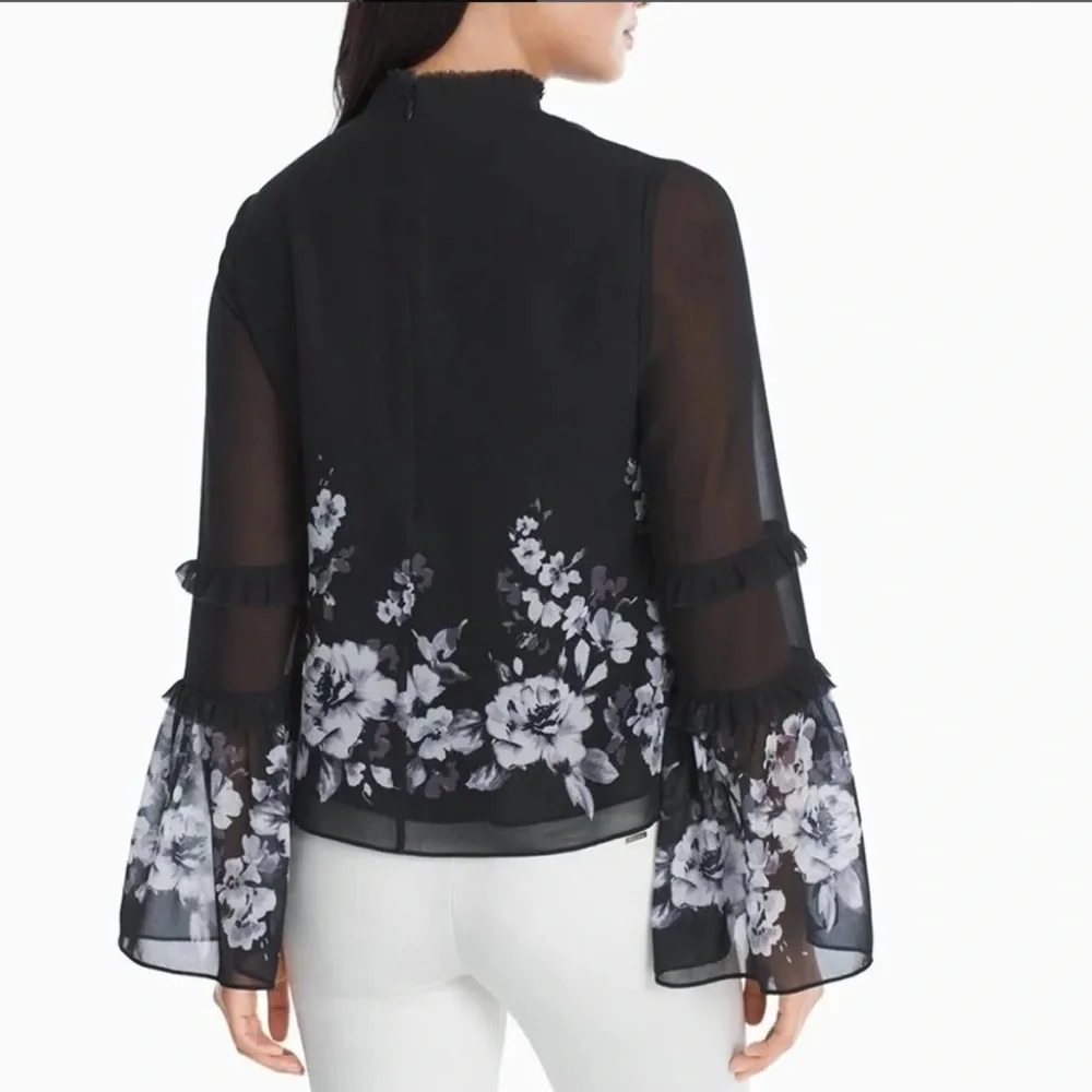 White House Black Market Blouse Size 8 Black White Floral Choker Chiffon Lined